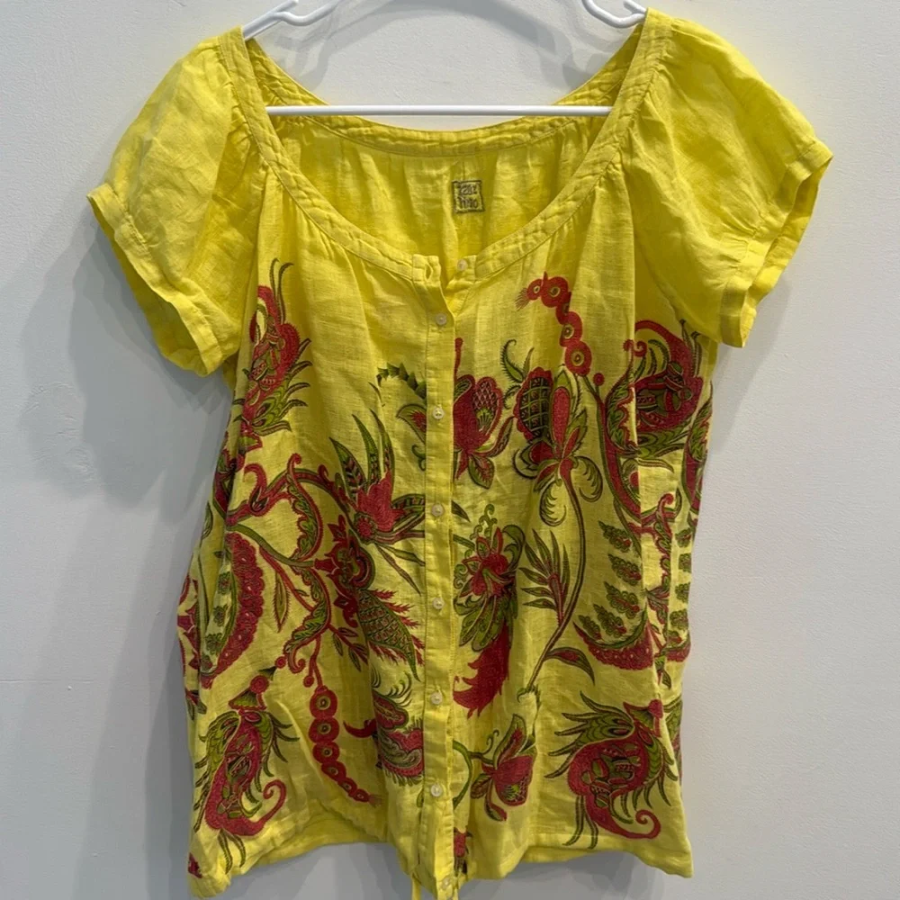 120% LINO yellow paisley blouse size 42 - Picture 1 of 4